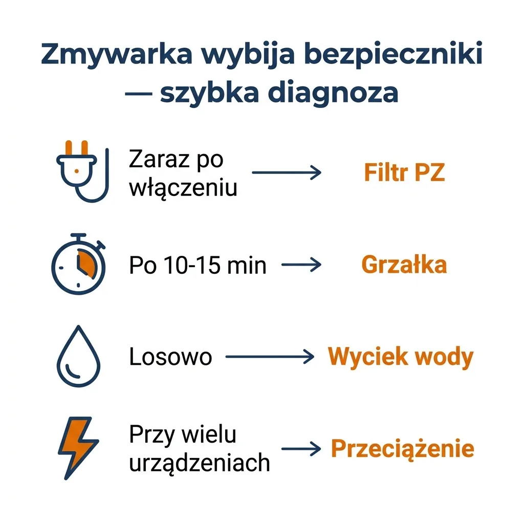 Infografika diagnostyczna — kiedy zmywarka wybija korki: moment awarii wskazuje na przyczynę usterki (filtr PZ, grzałka, pompa, kabel)